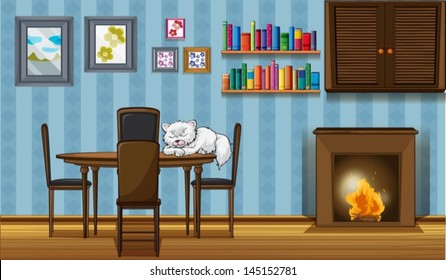 Illustration of a cat sleeping above the table beside the fireplace