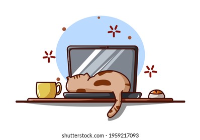 Illustration of a cat sleeping on a laptop