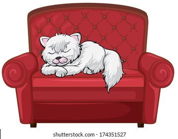 Illustration of a cat sleeping soundly at the chair on a white background