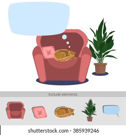 Illustration of a cat sleeping soundly at the chair or armchair at home