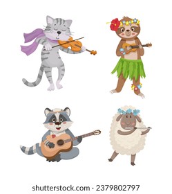 Illustration of a cat, a sloth, a raccoon, a lamb, that play musical instruments. Children's art of a cute animals for illustrating clothes, toys and other goods for kids.
