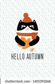 illustration of a cat in a terracotta hat with a pompon and a scarf that holds a large orange leaf in its paws. Hello autumn