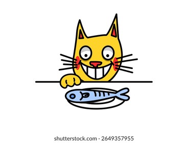 Illustration of a cat that is going to eat a fish