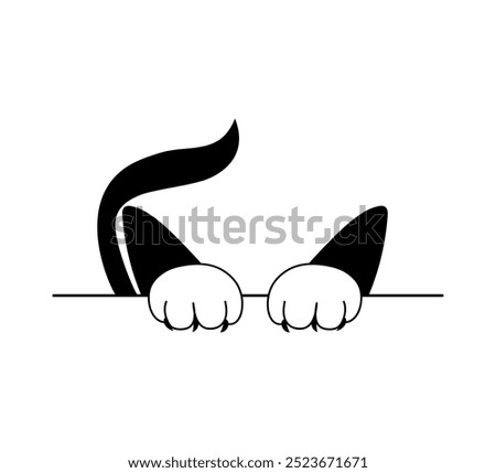 Illustration of a cat that hid, tail, paws and ears of a cat peeking out. Vector illustration in black isolated on a white background