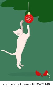 illustration with a cat that jumps and smashes Christmas toys