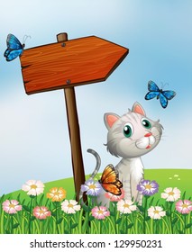 Illustration of a cat with three butterflies beside the wooden arrow board