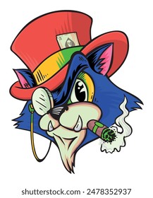 Illustration of cat with top hat and cigar. Old cartoon style art.