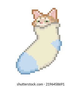 Illustration cat tucked into a sock, cartoon pixel art