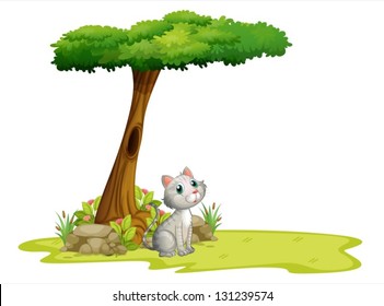 Illustration of a cat under a tree on a white background