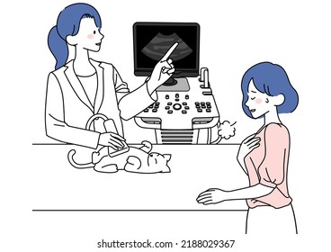 Illustration of a cat undergoing an echographic examination and its owner accompanying it