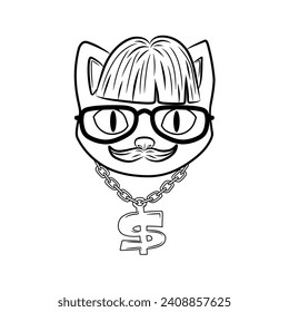 Illustration einer Katze mit Haar und Whiskers mit schwarzem Styling, geeignet für Logos, Vorlagen, Haustiere