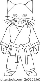 ilustração de um gato vestindo um uniforme de caratê, contorno.