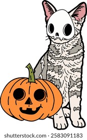 illustration of a cat wearing a skull mask and a pumpkin