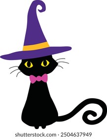 Illustration of a cat wearing a witch hat. Halloween. Vector Illustration. 