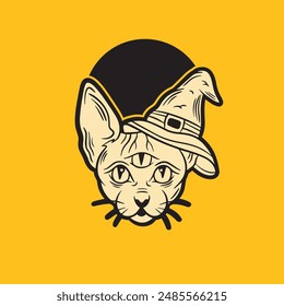 illustration of a cat wearing a witch's hat