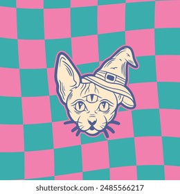 illustration of a cat wearing a witch's hat