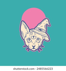 illustration of a cat wearing a witch's hat