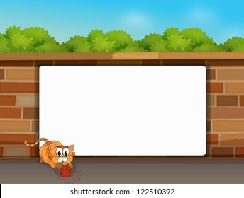 Illustration of a cat and a white board in front of a wall