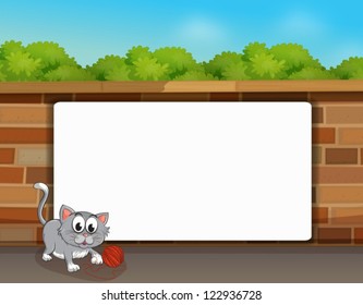 Illustration of a cat and a white board in front of a wall