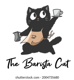 Illustration of a Cat who is a barista, funny cute cartoon cat