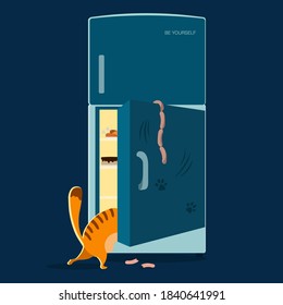 
Illustration of a cat who eats sausages from the refrigerator at night. Call - Be yourself. Flat style. Blue, yellow and pink shades. It can be used in web design, printing.