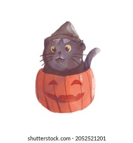 Illustration of a cat with wizard cap in the pumpkin watercolor vector illustration in isolated white background. Halloween illustration concept. Halloween element graphic. cute cat in jack lantern