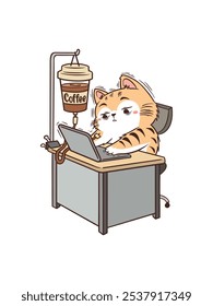 Ilustración de un gato trabajando más que el tiempo que se infunde con café, lindo, aislado fondo blanco