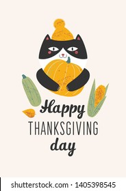 an illustration of a cat in a yellow hat with a pompon which holds in its paws a large yellow pumpkin and next to it is a green squash and an ear of corn. text Happy Thanksgiving day