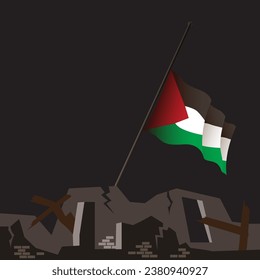 Illustration catastrophic devastating war in Palestine. Disaster in Gaza Strip 2023 Israel war. Waving Palestine flag lowered to half. Ruined city, broken down houses. Ready copy space. 