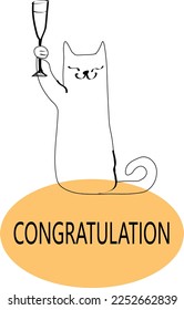 Ilustración con gato. Felicidades. Elemento vectorial para el diseño. Gato con vino