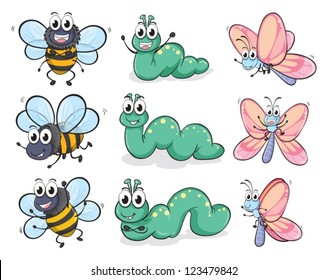 Illustration of a caterpillar, a butterfly and a bee on a white background