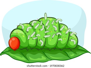 Illustration Of A Caterpillar With Lots Of Wasps On Skin. Ecological Relationship, Parasitism