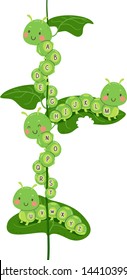 Illustration of Caterpillar Mascots on Leaves of a Plant with the Alphabet On Them