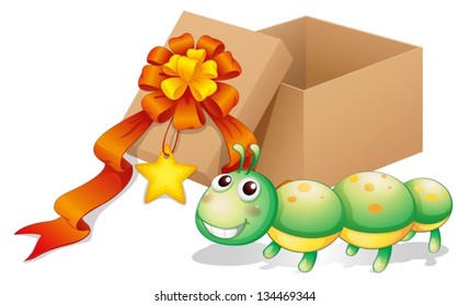 Illustration of a caterpillar toy beside a box on a white background