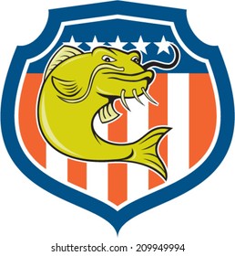 Illustration of a catfish angryfish facing front set inside shield with american stars and stripes background done in cartoon style.