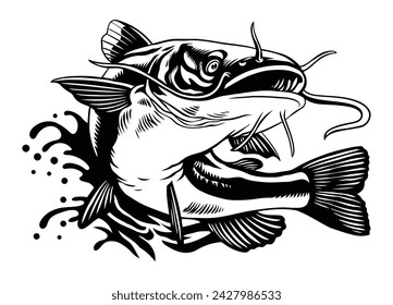 Illustration of Catfish in Black and White Style Isolated