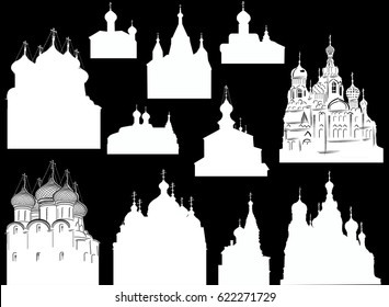 illustration with cathedral and church silhouettes collection isolated on black background