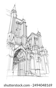 Abbildung der Kathedrale Unserer Lieben Frau von Chartres. Handgezeichnete Vektorgrafik. Skizze des östlichen Eingangs und Portals. Blick auf eine mittelalterliche französische Stadt. Schwarzweißzeichnung. Alte Architektur.