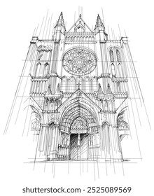 Illustration of Cathedral of Our Lady of Chartres. Hand drawn vector. Sketch of central entrance with rose and portal. View of a medieval French town. Black and white drawing. Ancient architecture.