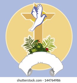 illustration of Catholic symbols, cross, dove, rosary, flowers, framed by a yellow circle, label for text blue background.