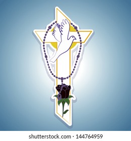 illustration of Catholic symbols, cross, rosary Doves, pink, blue background degrade.