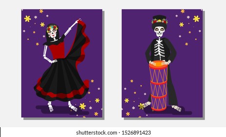 Illustration of catrina dancing and skeleton man holding drum on purple background in two option.