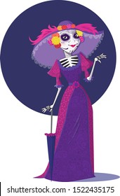 Illustration of Catrina. Dia de Muertos. The Day of the dead sugar skull