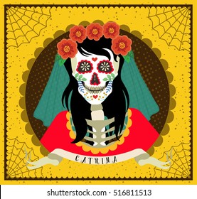 Illustration of Catrina. Dia de Muertos. The Day of the dead.