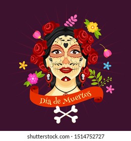 Illustration of catrina face decorated with flowers and crossbones on purple tays background for Dia De Muertos celebration concept.