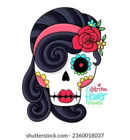 Illustration of a Catrina with a rock hairstyle and a headband with a rose, the text Catrina flower power, Halloween drawing, t-shirt design
