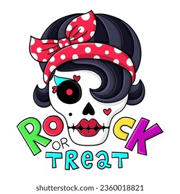 Ilustración de una Catrina con un peinado balancín y una banda de puntas polka con una proa, con el texto Rock or Trate, dibujo de Halloween, diseño de camisetas