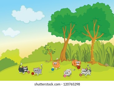 illustration of cats in a beautiful nature