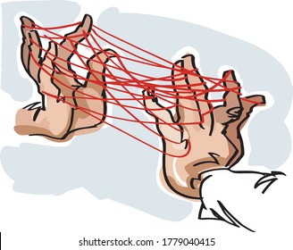 Illustration Of The Cat's Cradle, Light Skill Developing Game, Played On The Hand's Fingers