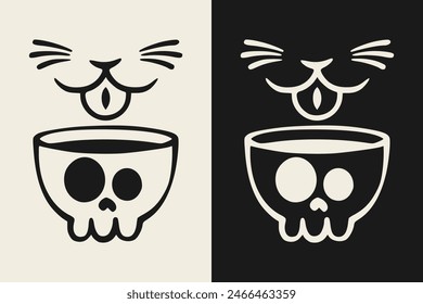 Illustration of a cat's face sticking out an eye drinking from a skull.